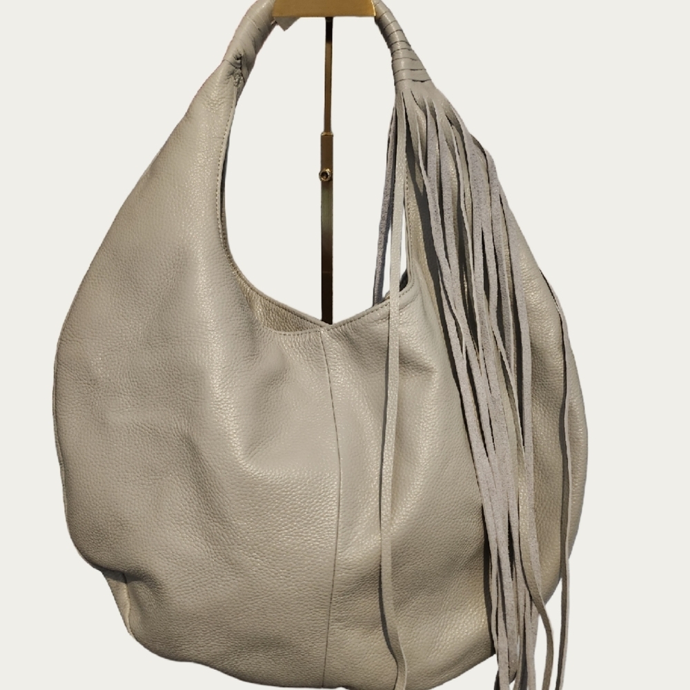 Soft Pebbled Hobo Bag with Fringe Strap - Taupe - Picture 7 of 10